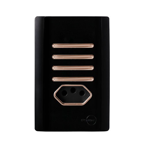 CJ INTERRUPTOR QUADRUPLO SIMPES + TOMADA 10A 4X2 - NOVARA PRETO BRILHANTE OURO ROSE