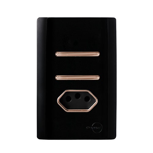 CJ INTERRUPTOR DUPLO PARALELO + TOMADA 20A 4X2 - NOVARA PRETO BRILHANTE OURO ROSE