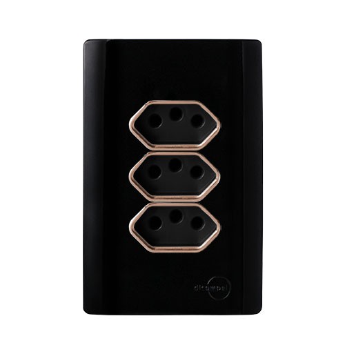 CJ TOMADA TRIPLA 20A  4X2 - NOVARA PRETO BRILHANTE OURO ROSE