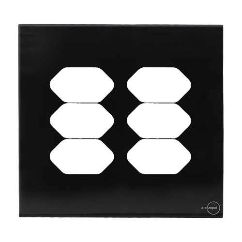 PLACA P/ 6 TOMADAS COM SUPORTE 4X4 - NOVARA GLASS PRETO BRILHANTE