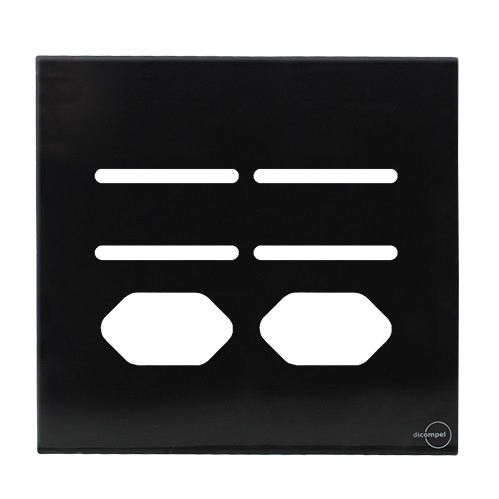 PLACA P/ 4 INTERRUPTORES + TOMADA DUPLA C/SUPORTE 4X4 - NOVARA GLASS PRETO BRILHANTE