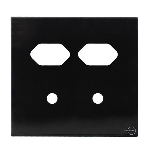 PLACA P/ 2 TOMADAS + 2 FUROS C/ SUPORTE 4X4 - NOVARA GLASS PRETO BRILHANTE