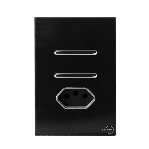 CJ INTERRUPTOR DUPLO ( 1 SIMPLES + 1 PARALELO) + TOMADA 10A 4X2 - NOVARA GLASS PRETO BRILHANTE CROMADO