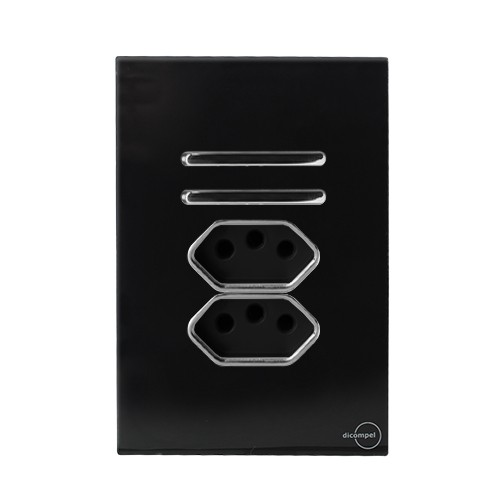 CJ INTERRUPTOR DUPLO SIMPLES + TOMADA DUPLA 10A (ESPECIAL) 4X2 - NOVARA GLASS PRETO BRILHANTE CROMADO