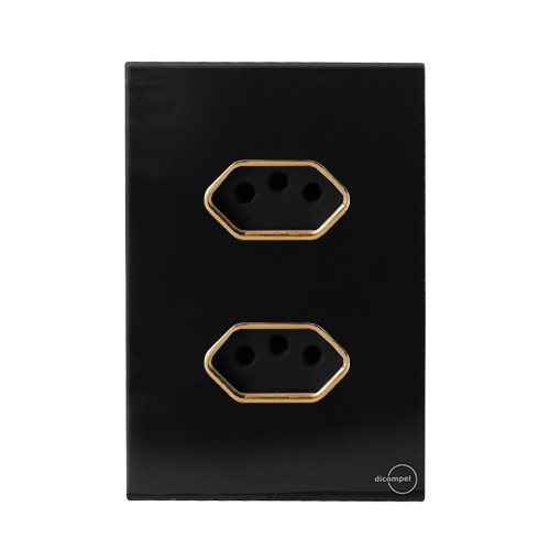 CJ TOMADA DUPLA 20A COM SUPORTE 4X2 - NOVARA GLASS PRETO BRILHANTE GOLD