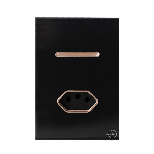 CJ INTERRUPTOR SIMPLES + TOMADA 20A 4X2 - NOVARA GLASS PRETO BRILHANTE OURO ROSE