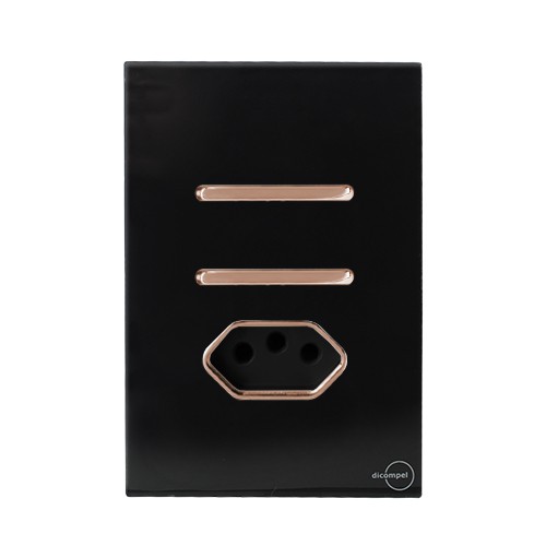 CJ INTERRUPTOR DUPLO PARALELO + TOMADA 10A 4X2 - NOVARA GLASS PRETO BRILHANTE OURO ROSE