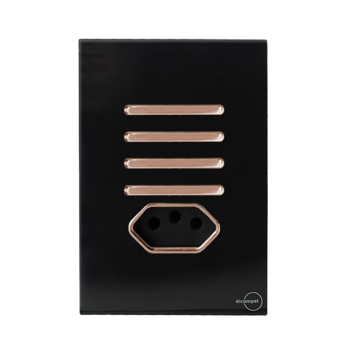 CJ INTERRUPTOR QUADRUPLO PARALELO + TOMADA 10A (ESPECIAL) 4X2 -  NOVARA GLASS PRETO BRILHANTE OURO ROSE