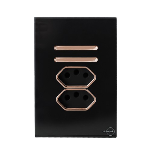 CJ INTERRUPTOR DUPLO SIMPLES + TOMADA DUPLA 10A 4X2 - NOVARA GLASS PRETO BRILHANTE OURO ROSE