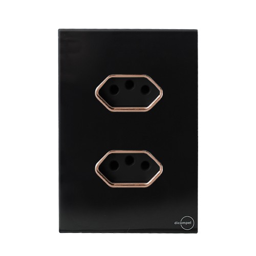 CJ TOMADA DUPLA 20A COM SUPORTE 4X2 - NOVARA GLASS PRETO BRILHANTE OURO ROSE