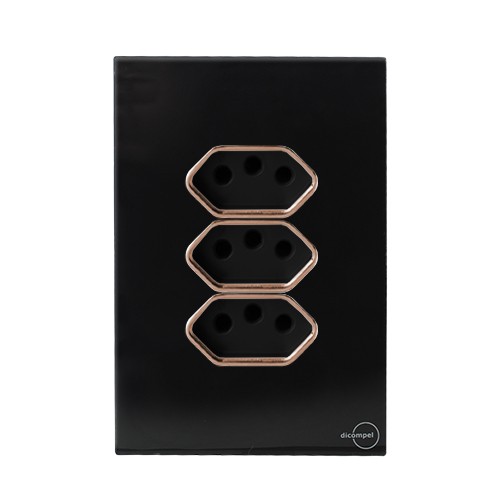 CJ TOMADA TRIPLA 10A 4X2 - NOVARA GLASS PRETO BRILHANTE OURO ROSE