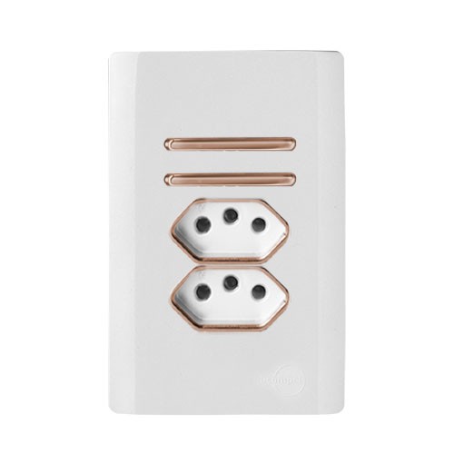CJ INTERRUPTOR DUPLO PARALELO + TOMADA DUPLA 10A(ESPECIAL) 4X2 - NOVARA BRANCO C/OURO ROSE