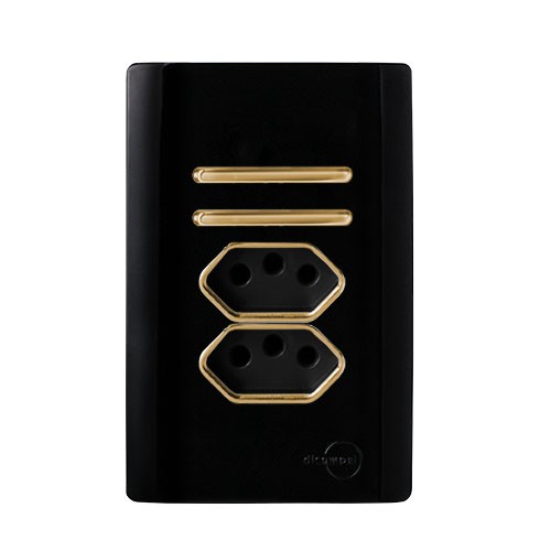 CJ INTERRUPTOR DUPLO (SIMPLES + PARALELO) + TOMADA DUPLA 10A (ESPECIAL)4X2 - NOVARA PRETO BRILHANTE GOLD