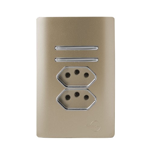 CJ INTERRUPTOR DUPLO SIMPLES + TOMADA DUPLA 10A(ESPECIAL) 4X2 - NOVARA CHAMPANHE CROMADO