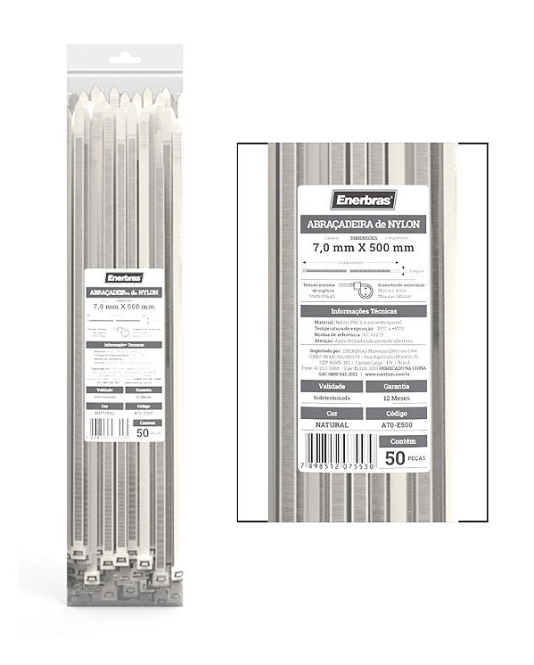 ABRAÇADEIRA DE NYLON 7,0MM X 500MM BRANCO 50 PEÇAS ENERBRAS