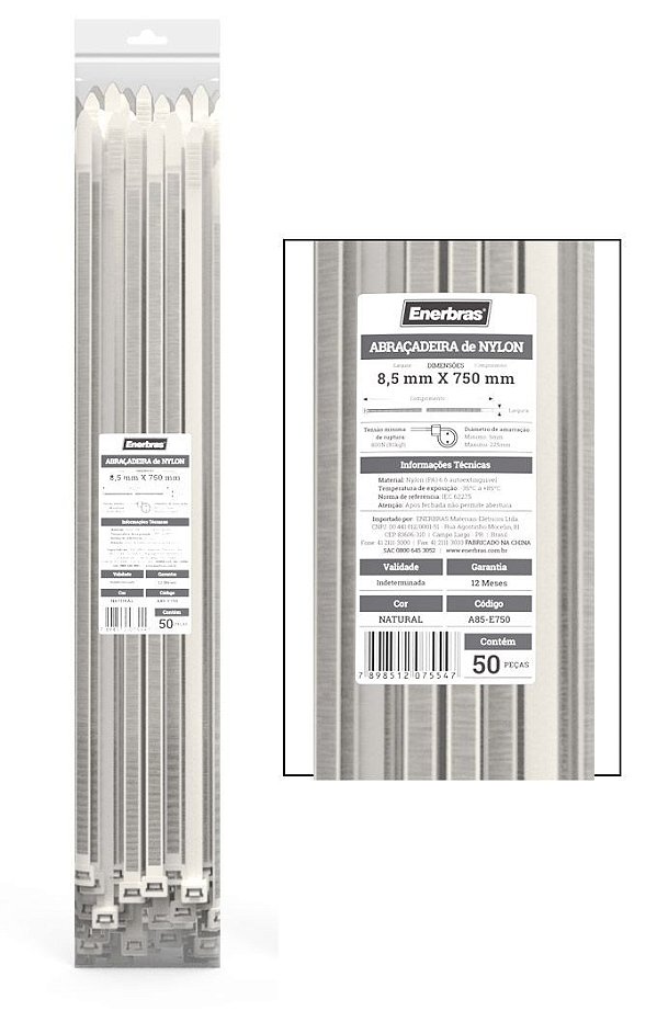 ABRAÇADEIRA DE NYLON 8,5MM X 750MM BRANCO 50 PEÇAS ENERBRAS