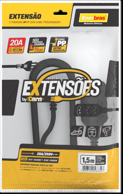 EXTENSÃO 3 TOMADAS 2P+T 20A/250V 1,5 METROS PRETO BIVOLT