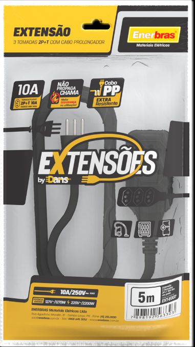EXTENSÃO 3 TOMADAS 2P+T 10A 5 METROS PRETO BIVOLT - ENERBRAS