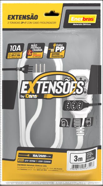 EXTENSÃO 3 TOMADAS 2P+T 10A BRANCO 3 METROS BIVOLT ENERBRAS