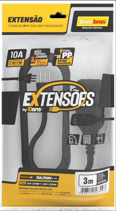EXTENSÃO 3 TOMADAS 2P+T 10A PRETO 3 METROS BIVOLT - ENERBRAS