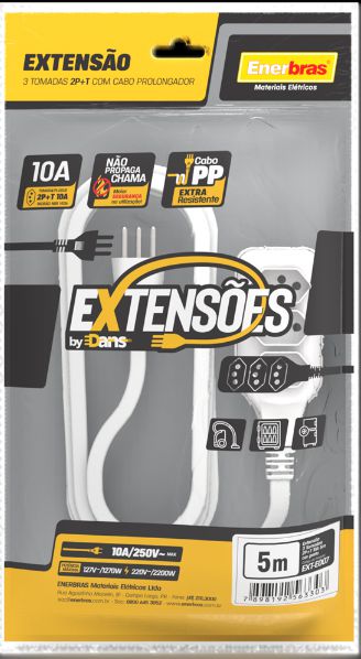 EXTENSÃO 3 TOMADAS 2P+T 10A BRANCO 5 METROS BIVOLT  ENERBRAS