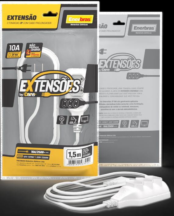 EXTENSÃO 3 TOMADAS 2P 10A BRANCO 1,5 METROS BIVOLT  ENERBRAS