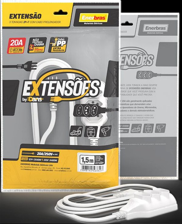 EXTENSÃO 3 TOMADAS 2P+T 20A BRANCO 1,5 METROS BIVOLT ENERBRA
