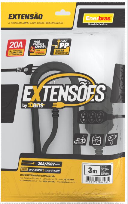 EXTENSÃO 3 TOMADAS 2P+T 20A 3 METROS PRETO BIVOLT ENERBRAS