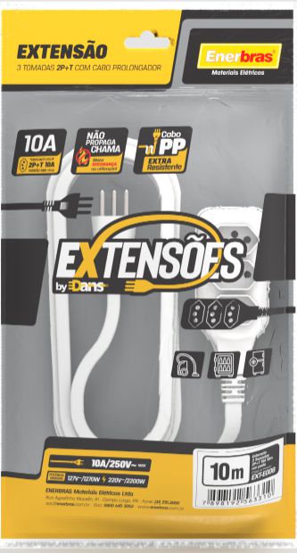 EXTENSÃO 3 TOMADAS 2P+T 10A BRANCO 10 METROS BIVOLT ENERBRAS