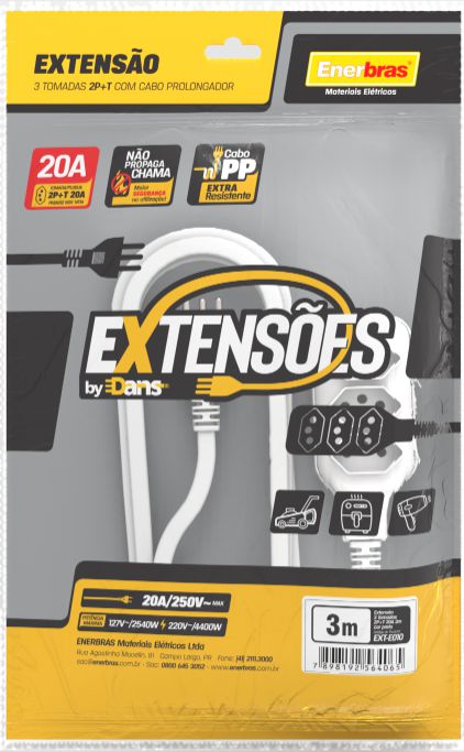 EXTENSÃO 3 TOMADAS 2P+T 20A BRANCO 3 METROS BIVOLT  ENERBRAS