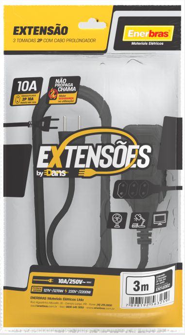 EXTENSÃO 3 TOMADAS 2P 10A PRETO 3 METROS BIVOLT - ENERBRAS