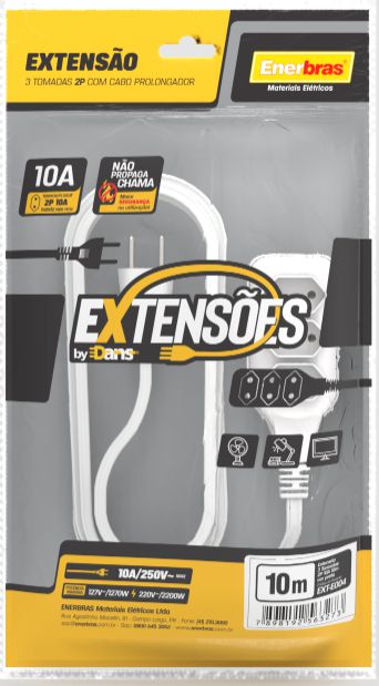 EXTENSÃO 3 TOMADAS 2P 10A BRANCO 10 METROS BIVOLT - ENERBRAS