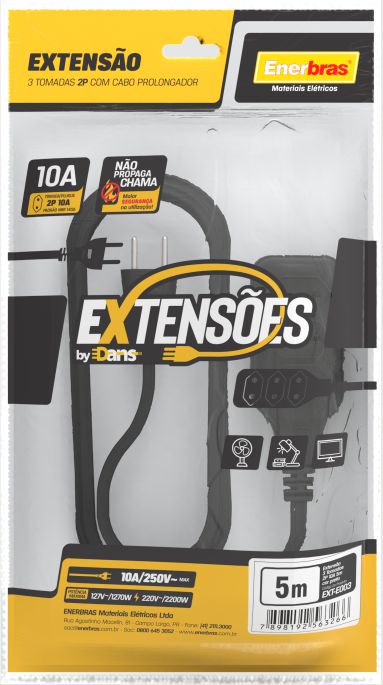 EXTENSÃO 3 TOMADAS 2P 10A PRETO 5 METROS BIVOLT - ENERBRAS