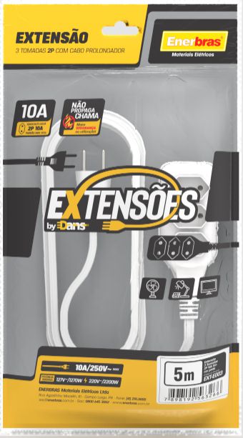 EXTENSÃO 3 TOMADAS 2P 10A BRANCO 5 METROS BIVOLT - ENERBRAS