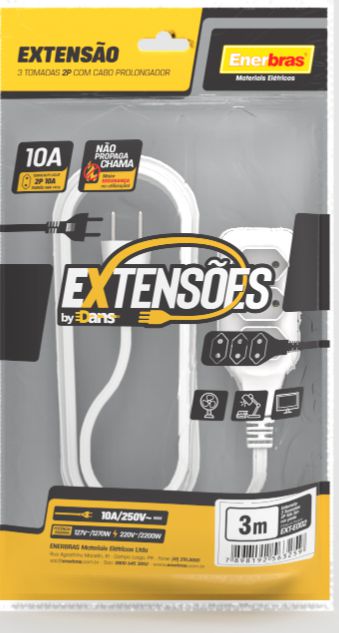 EXTENSÃO 3 TOMADAS 2P 10A BRANCO 3 METROS BIVOLT  - ENERBRAS
