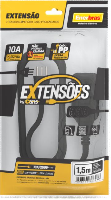 EXTENSÃO 3 TOMADAS 2P+T 10A 1,5 METROS PRETO BIVOLT ENERBRAS