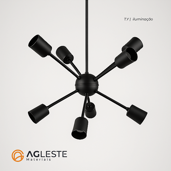 Lustre Sputnik 8 Lâmpadas E27 Preto - Alumínio Fosco - T.Y Iluminação