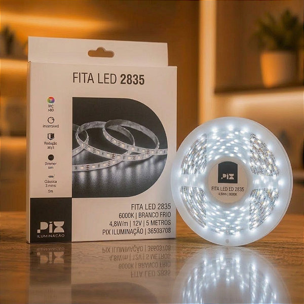 FITA LED 2835 6000K 4,8W/M 12V 5 METROS - PIX ILUMINAÇÃO - 36503708