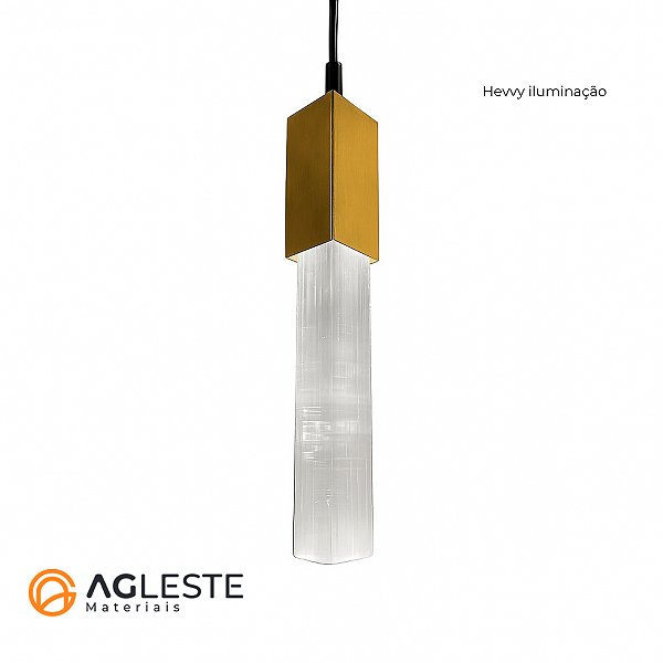 PENDENTE BASTÃO ROCHA CRISTAL SELENITA  DOURADO P/ 1 LAMPADA MINIGU10- DNA