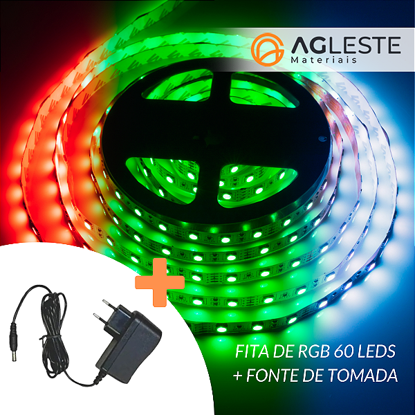 KIT FITA DE LED RGB 6O LEDS + FONTE DE TOMADA