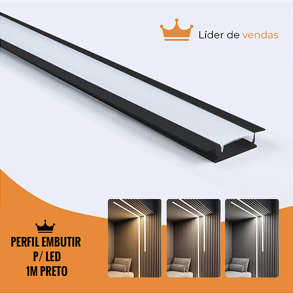 (B1) Perfil Slim Embutir 24 mm 17mm X 7mm, Preto Com Difusor Branco - 1 Metro