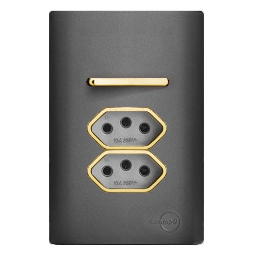 CJ INTERRUPTOR PARALELO + TOMADA DUPLA 20A 4X2 - NOVARA PRETO GRAFITE GOLD