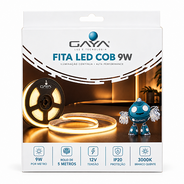 FITA DE LED COB DETAIL 9W/M 3000K BRANCO QUENTE 12V 5 METROS 900 LUMENS/M IRC80 IP20 - GAYA