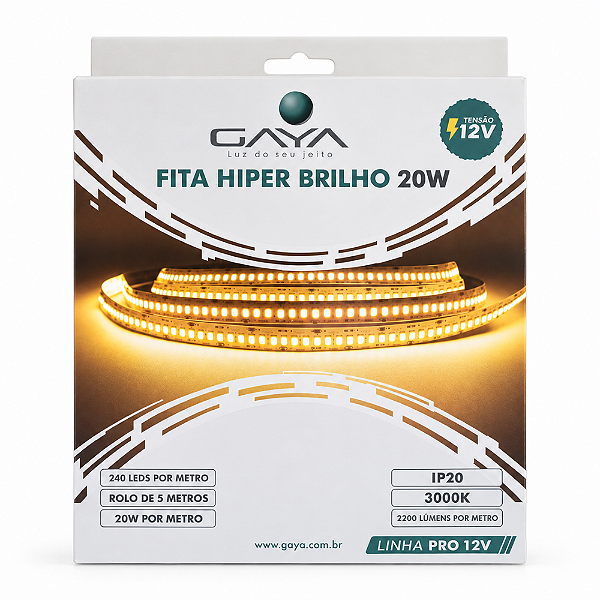 FITA DE LED HIPER BRILHO 20W/M 2200LM/M 3000K IP20 12V - GAYA