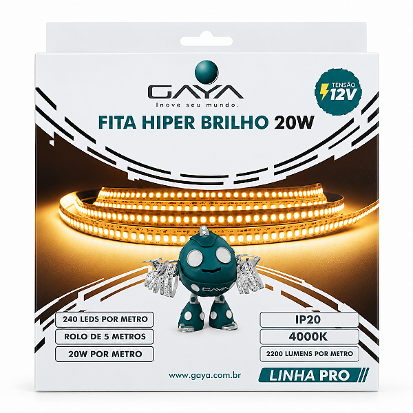 FITA DE LED HIPER BRILHO 20W/M 2200LM/M 4000K IP20 12V - GAYA