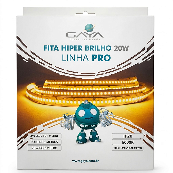 FITA DE LED HIPER BRILHO 20W/M 2200LM/M 6000K IP20 12V - GAYA