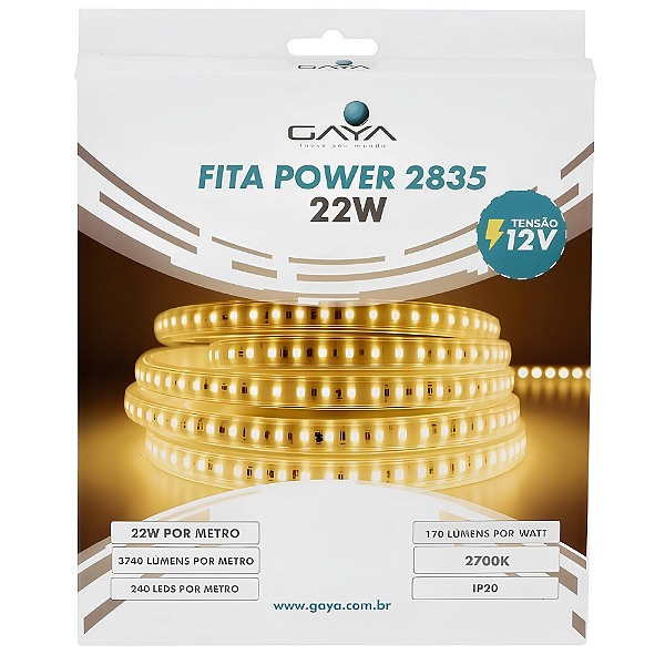 FITA DE LED POWER 22W 5M 2700K IP20 12V 3740LM IRC90 - GAYA