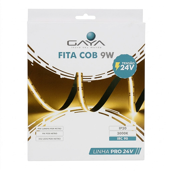 FITA COB 9W POR METRO 24V 3000K BRANCO QUENTE 900 LUMENS/METRO 5M IP20 IRC90 LINHA PRO - GAYA