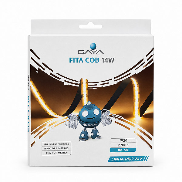 FITA DE LED COB 14W/M 2700K BRANCO QUENTE 24V 5 METROS 1400 LÚMENS/M IP20 IRC90 PRO - GAYA