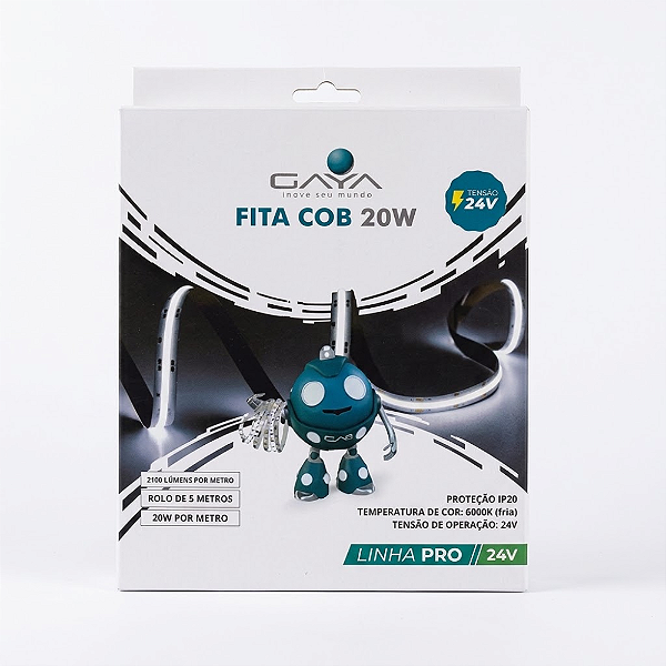 FITA DE LED COB 20W/M 6000K BRANCO FRIO IP20 24V IRC90 5 MT PRO - GAYA